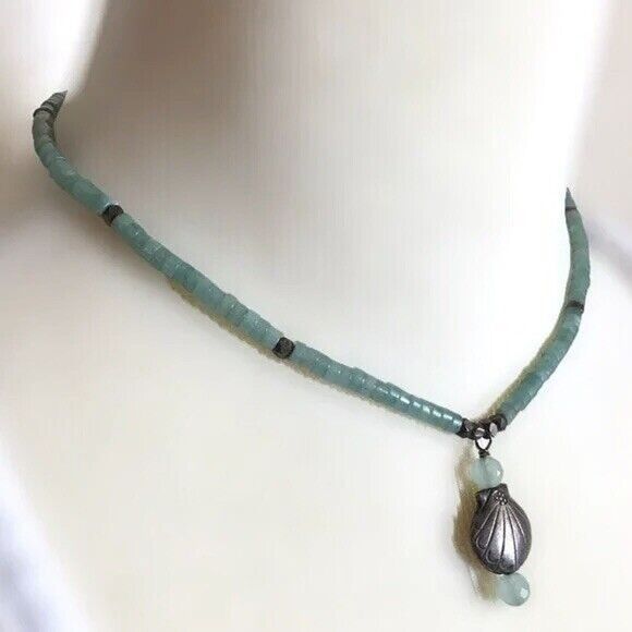 Beaded Aventurine Necklace 19in Heishi Beads Discs Silver Tone Shell Pendant - Picture 1 of 8